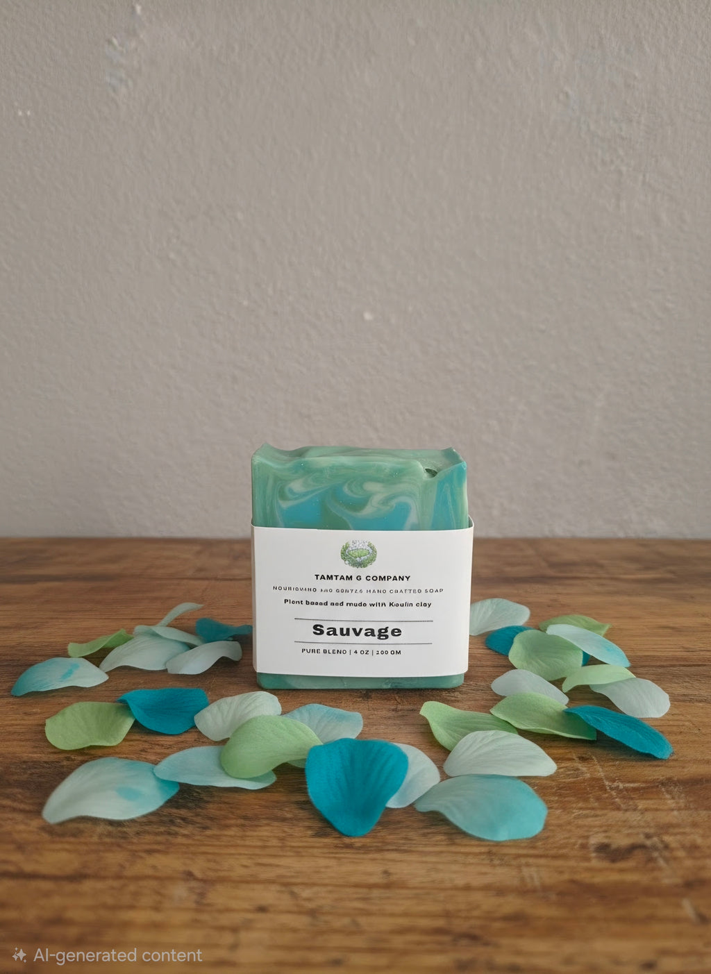 A rectangular bar of TARTME & COMPANY Sauvage soap with a white label and green swirls, displayed on a wooden surface with scattered blue and green petals against a neutral wall.
